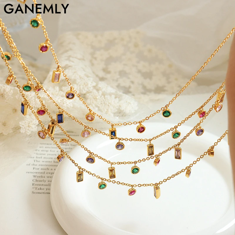 GANEMLY 2024 New Fashion Colorful Crystal Pendant Necklace For Women Elegant Neck Chain Waterproof Stainless Steel Jewelry Gift