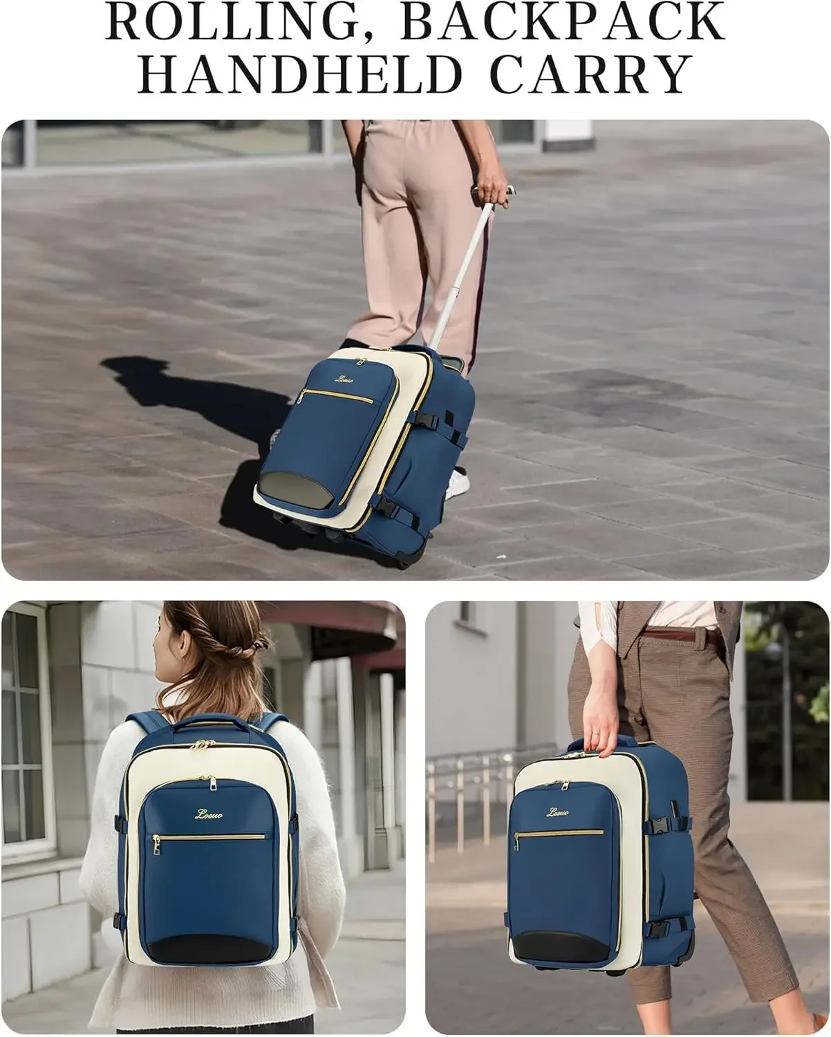 Afbeelding 7: Handbagage met wielen voor volwassenen, door luchtvaartmaatschappijen goedgekeurde rollende rugzak voor dames, opvouwbare reislaptoprugzak aan de onderkant (D