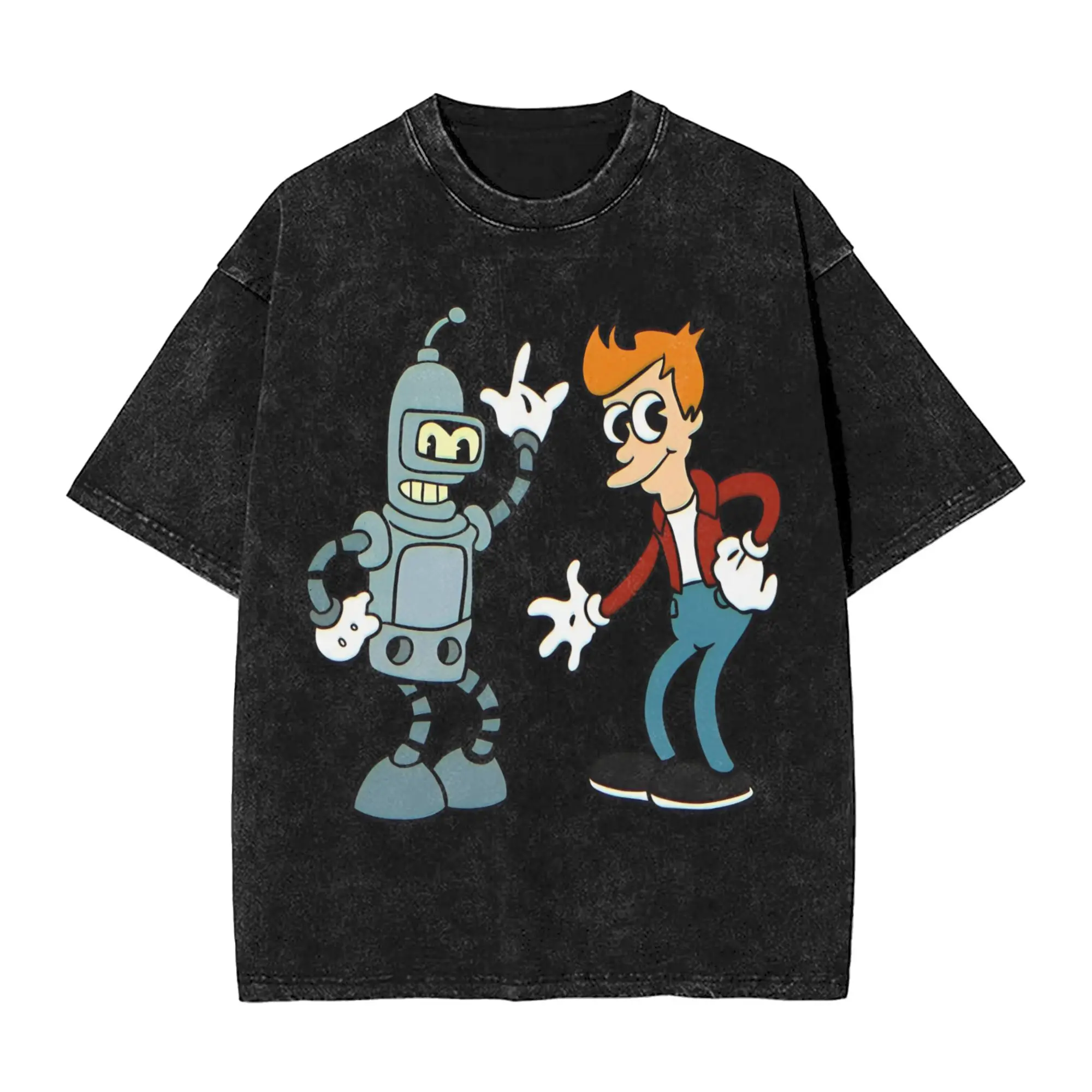 Futuramas Benders AND FRY  Washed T Shirts Streetwear Hip Hop Cool T-Shirt  Tees Men Women Short Sleeve Harajuku