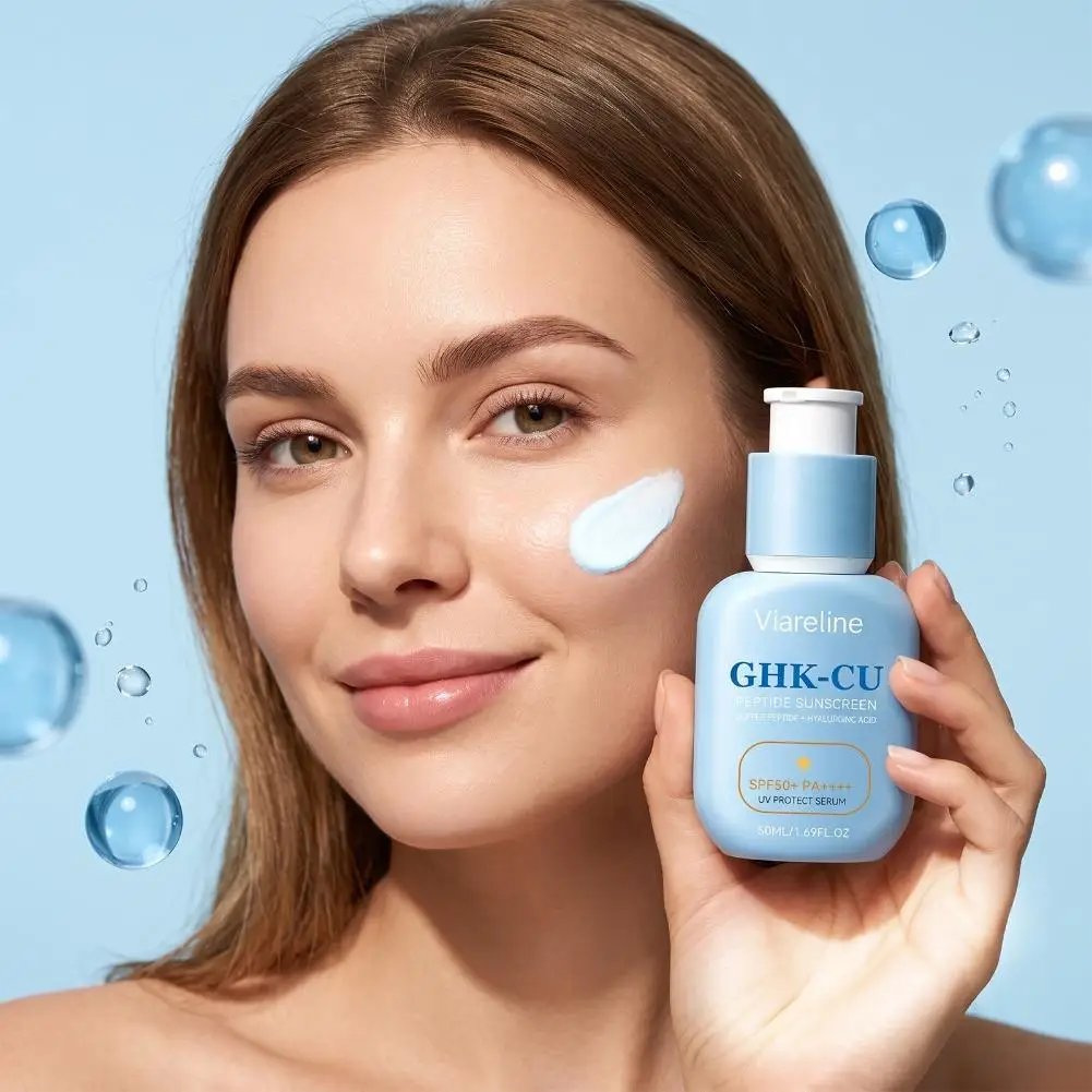 Protetor solar com peptídeos de cobre GHK-Cu, sérum com ácido hialurónico, FPS 50+ e PA++++, proteção UV para rosto e corpo, hidratação duradoura e efeito refrescante.