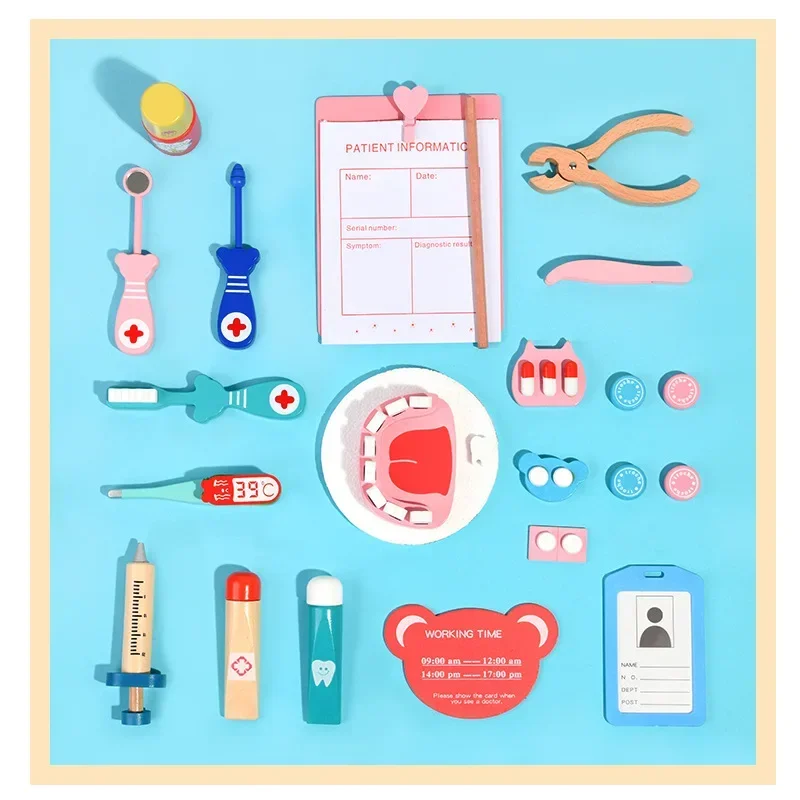 Giocattoli da dottore per bambini Set Kit da gioco di finzione in legno per bambini Giochi per ragazze Ragazzi Dentista medico rosso Scatola per medicinali Borse di stoffa Regali