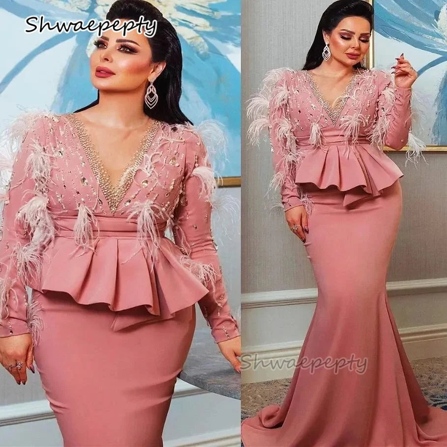 Beaded Pink Mermaid Prom Dress Feather Long Sleeves Transparent V-Neck Fashion Arabic Women Formal Party Gown 2025 Customized