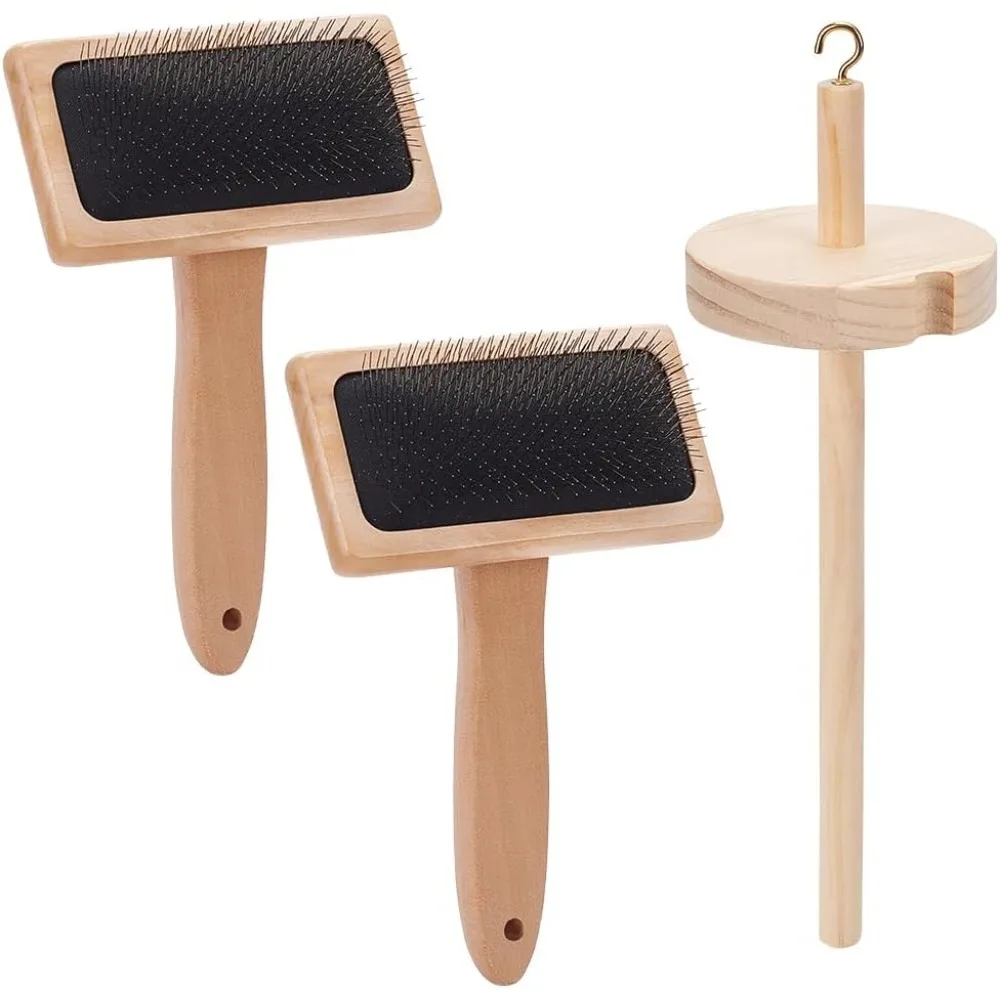 2Pcs Wool Brush with Wood Spindle Wheel Wool Carders Slicker Brush Needle Felting Brush with Solid Wood Handle for Yarn