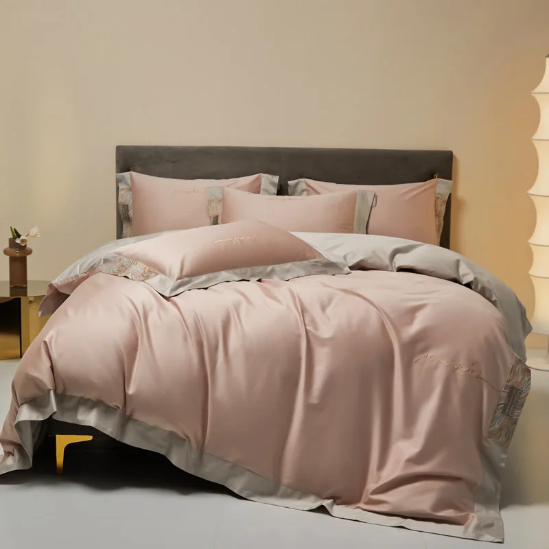 Class A solid color long velvet cotton four-piece set light luxury high-end 100 cotton sheets and quilt covers and bedding style