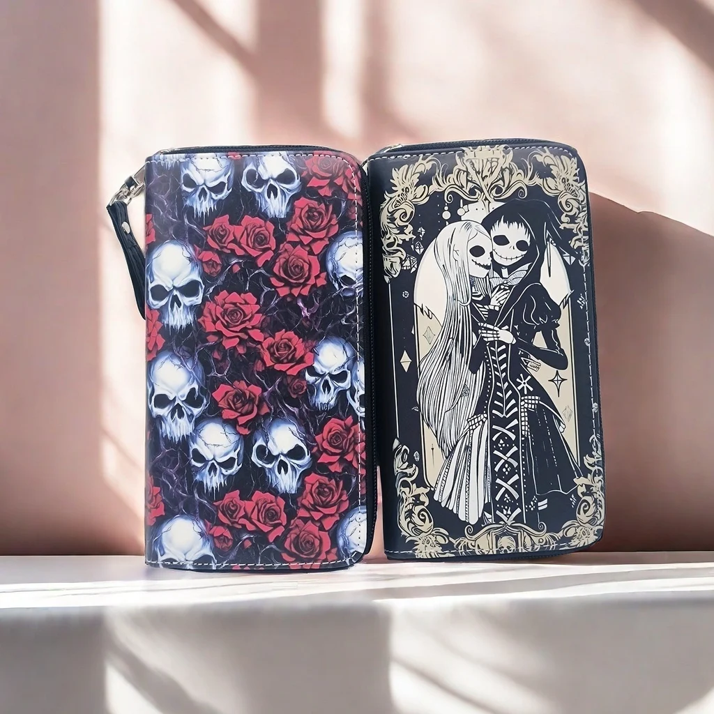 

Женский Длинный кошелек в готическом стиле, авангардный Длинный кошелек в стиле панк и Хэллоуин, винтажный клатч с черепом и розами Y2K, женский клатч, случайный выбор позиций печати, pos-терминал на молнии