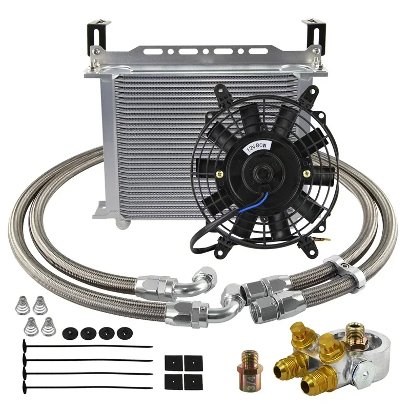 

7'' Electric Fan + Universal 80 °C Thermostat Adapter 3/4x16UNF and M20x1.5 Black/Silver 30 Row Oil Cooler