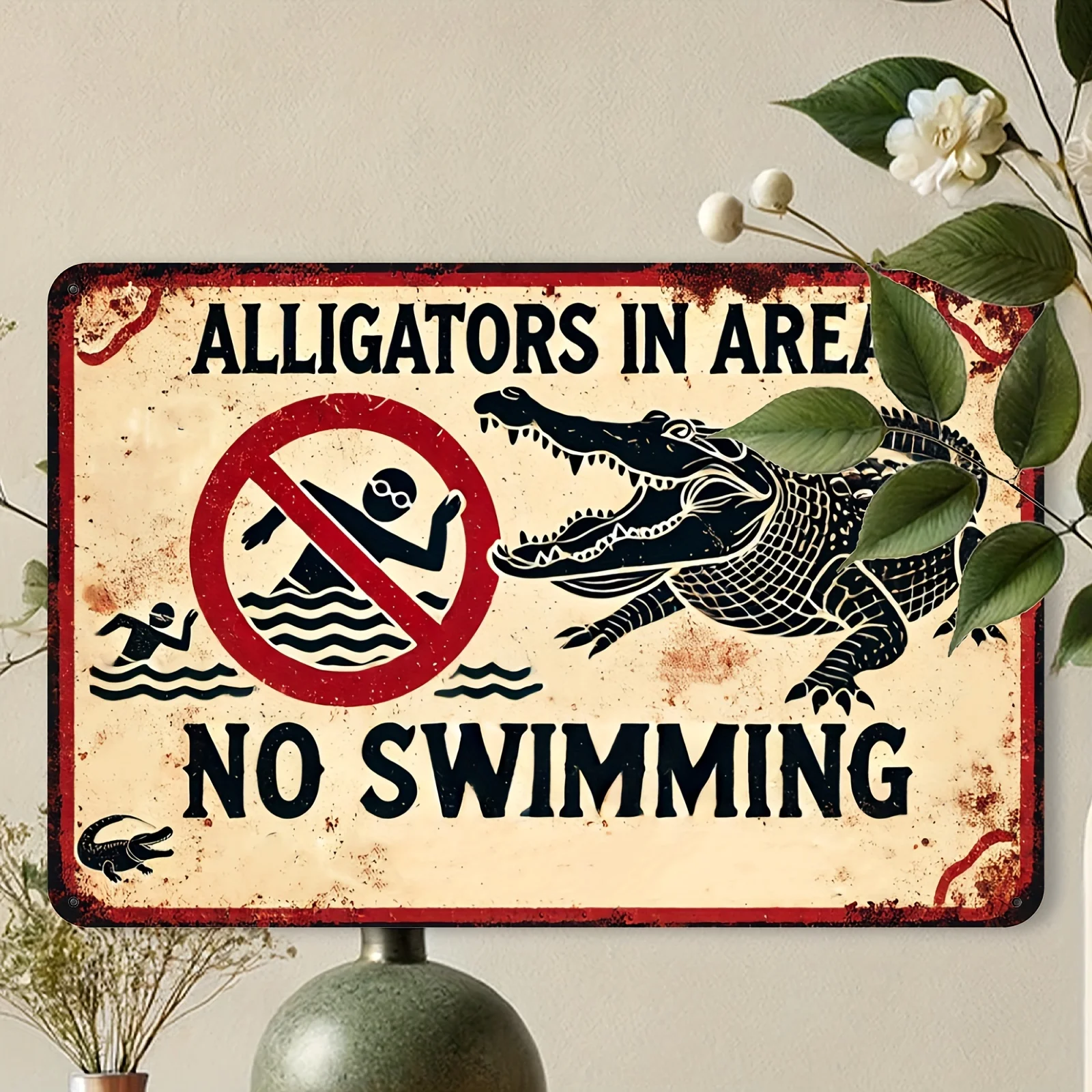 2D Flat - Vintage Alligator Warning Metal Sign,Rustic  