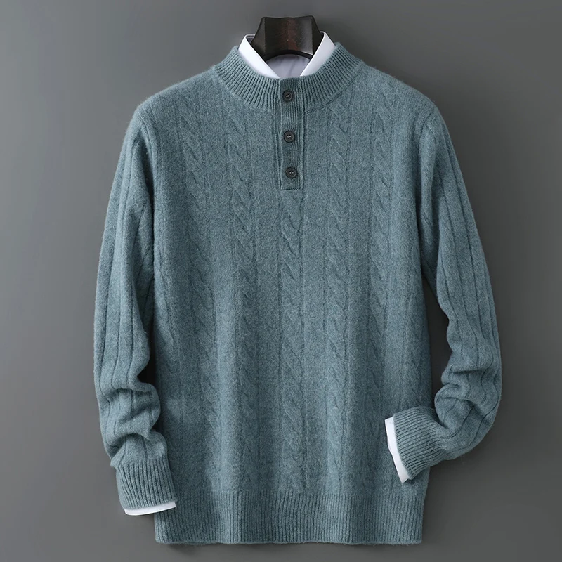 

Зимний свитер из 100% чистой шерсти, мужской толстый пуловер с высоким воротником и пряжкой, свитер с витым цветком, вязаная основа, кашемировые свитера