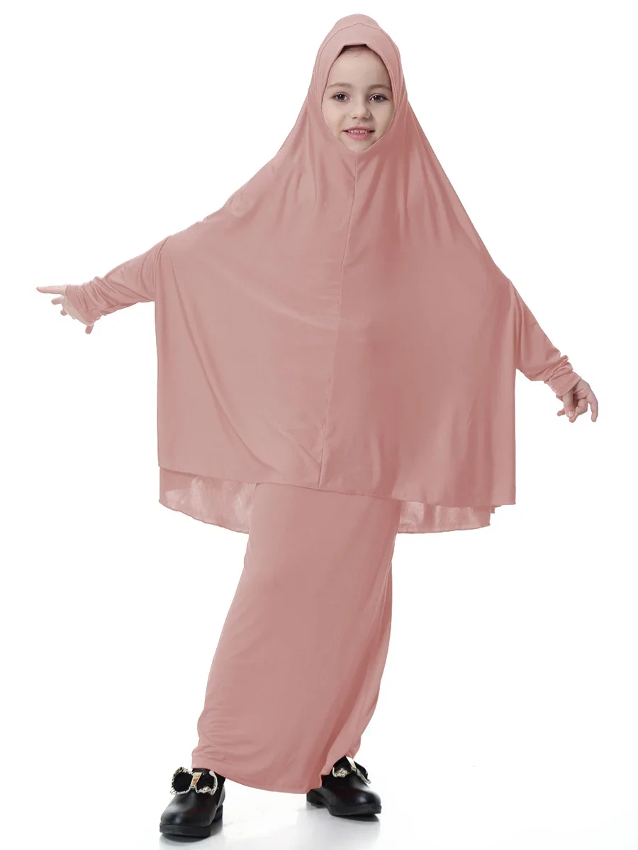 Muslim Children Girls Prayer Dress 2 Pieces Hijab Abaya Ramadan Sets Arab Kids Robe Skirt Robe Islam Party Gown Khimar Jalabiya 2