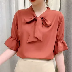 Fashion Bow Collar Apricot Chiffon Blouse Shirt Women Tops Blusas Mujer De Moda Verano Short Sleeve Blouse Women Blusa