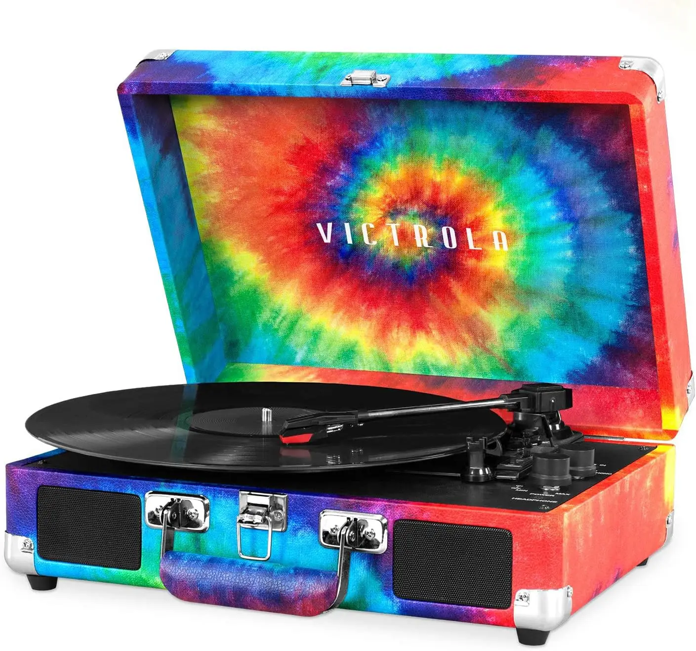 

Portable Suitcase Record Player with Built-in Speakers, 3 Speed Turntable, RCA & Headphone Jack, Tie Dye