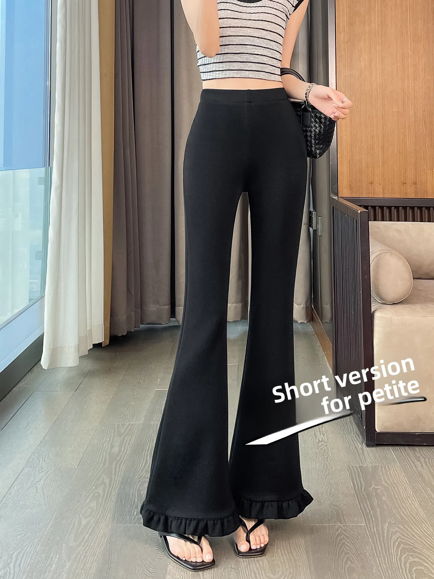 

Black Earlet Leaf Bell Bottom Casual Elastic Yoga Pants High Waist Spring Fashion Commute Style Pure Color Slim Fit Ladies