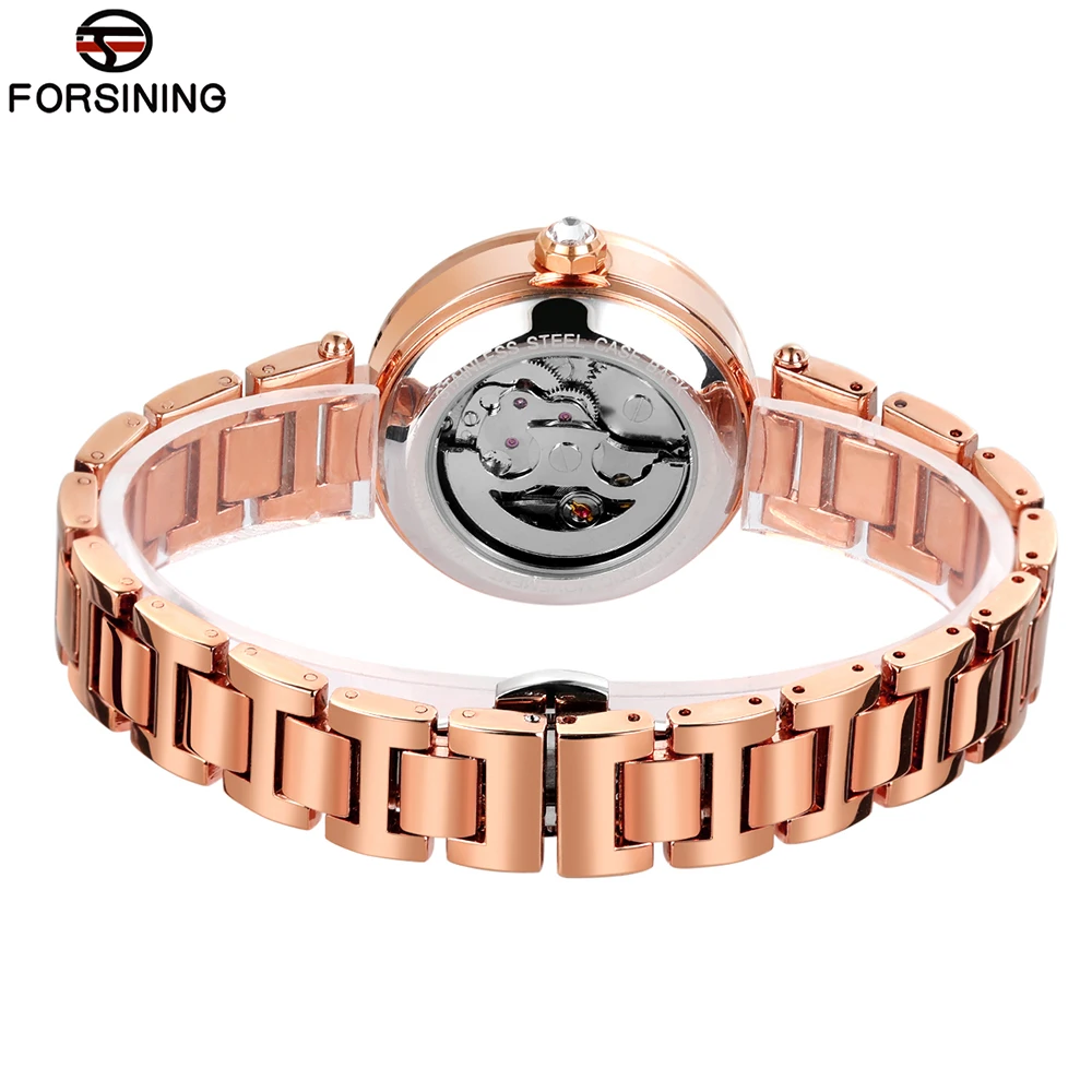 FORSINING Luxury Elegant Ladies' Automatic Mechanical Movement Woman's Rhinestone Watches Rose Gold Luminous Hands Metal Strap