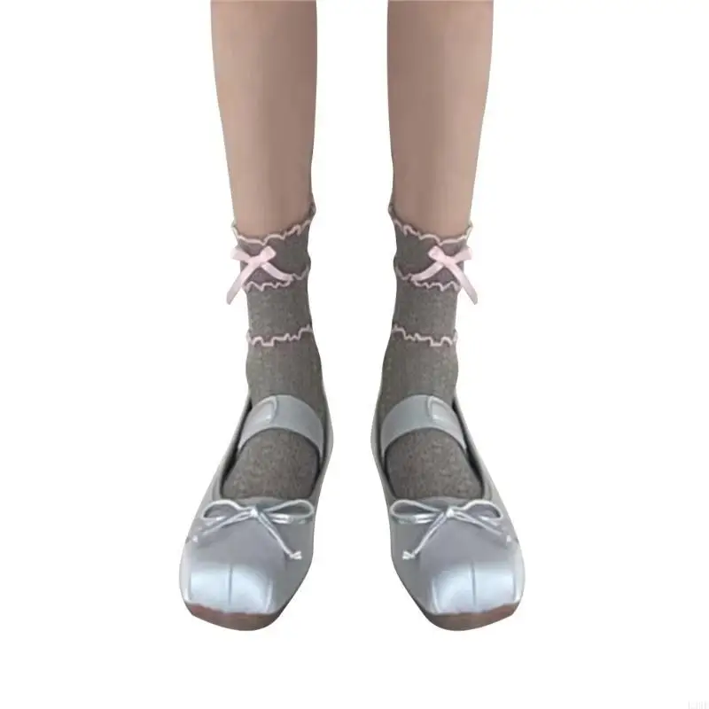 

L38E Женские полые кружевные носки до середины икры Белые японские носки с бантом для девочек в студенческом стиле