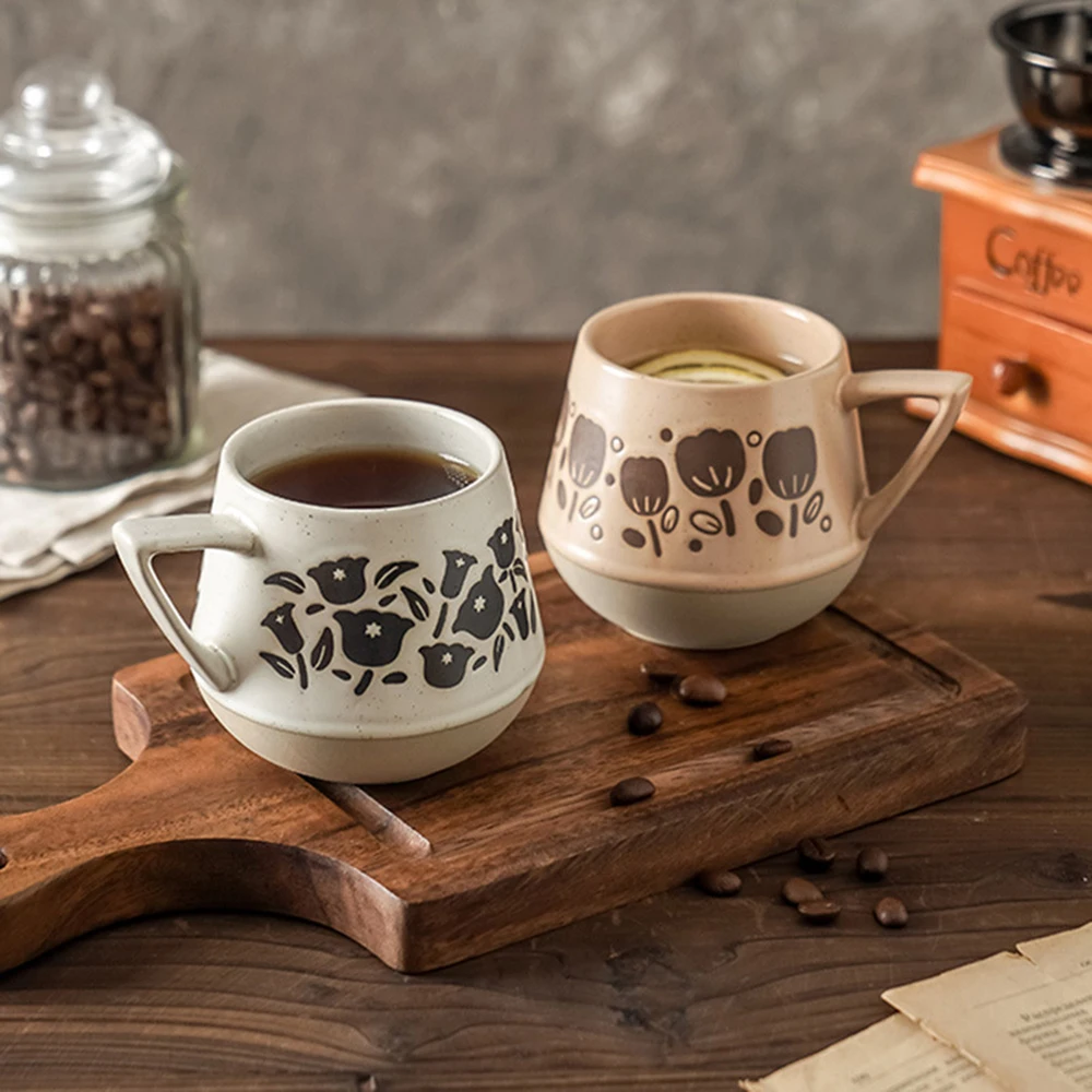 Stoneware Coffee Mug Floral Pattern Ceramic Cup Creative Design Mugs Retro Style Drinkware Home Dining Tableware Use