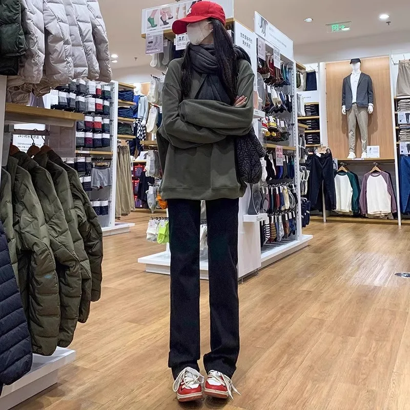 

Winter Black Fleece Lined Straight Leg Jeans Women's Slimming Tall Warm Long Ankle Narrow Version Smoke Tube Pants