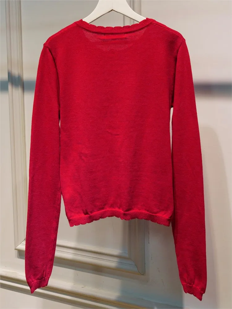 عيد الميلاد جيوب حمراء ضئيلة سترة مشغولة من الصوف امرأة س الرقبة طويلة الأكمام القطن البلوزات الحلو نمط Preppy تريكو معطف القمم