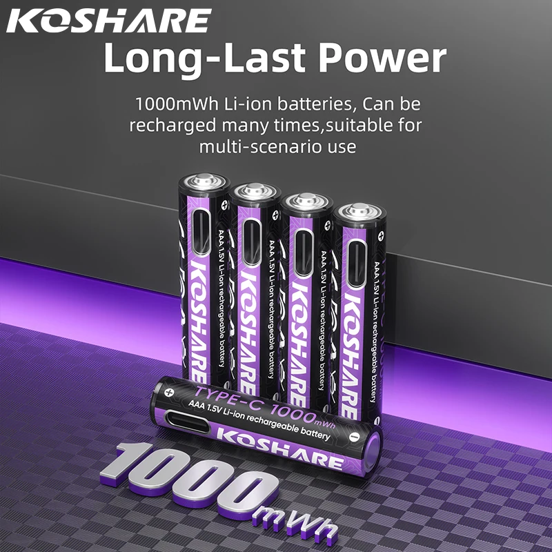 KOSHARE AA/AAA Rechargeable Batteries 1.5V Contant Voltage 4255mWh 1000mWh Li-ion Battery Compatible With Wireless Mouse Radios