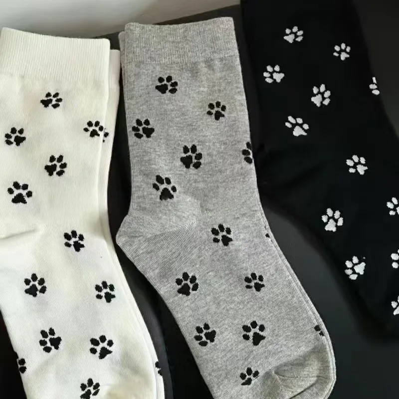 

3pairs Cute Dog Claw Printed Women's Cartoon Dog Paw Sock Animal Pattern Soft Sweat Absorbing Breathable Casual Socks for Girls