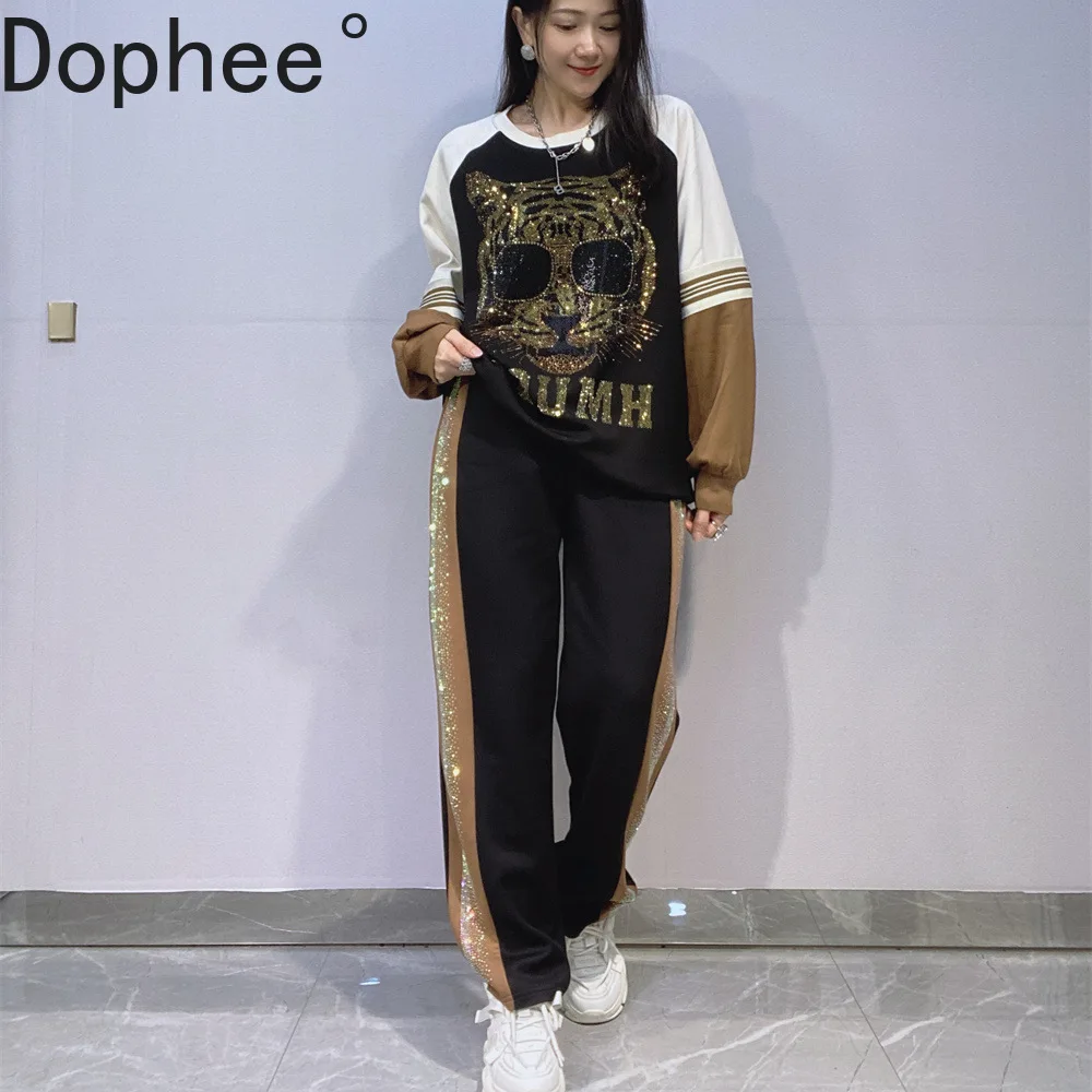 

Space Cotton Women Hoodie Sets Colorblock Long Sleeve Diamonds Tiger Pullover Top + Elastic Waist Loose Straight Sports Pants
