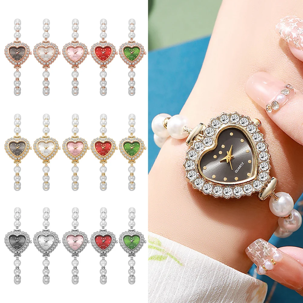 Heart Shaped Pearl Bracelet Watch For Women Fashion Alloy-Quartz Sparkling Rhinestone Accents Jewelry Watch Perfect Present