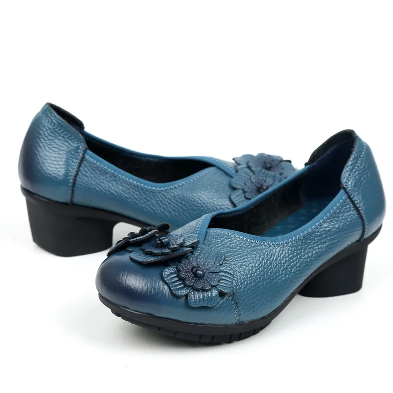 Vintage Low Heels Spring Shoes Women\'s Flower Pumps Leather Shoes Casual Ladies Handmade Small Pressure Block Heel Blue Pumps