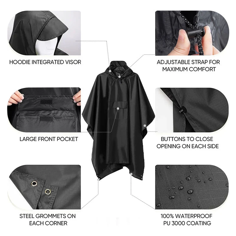 Poncho impermeable 3 en 1 para hombres y mujeres, protector de lluvia, toldo militar al aire libre para motocicleta, pícnic
