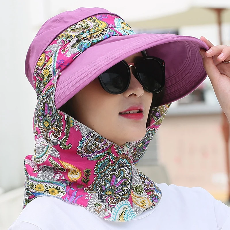 Women Anti-UV Sun Hat Beach Foldable Sunscreen Floral Print Caps Neck Face Care Wide Brim Hat New Summer Outdoor Riding