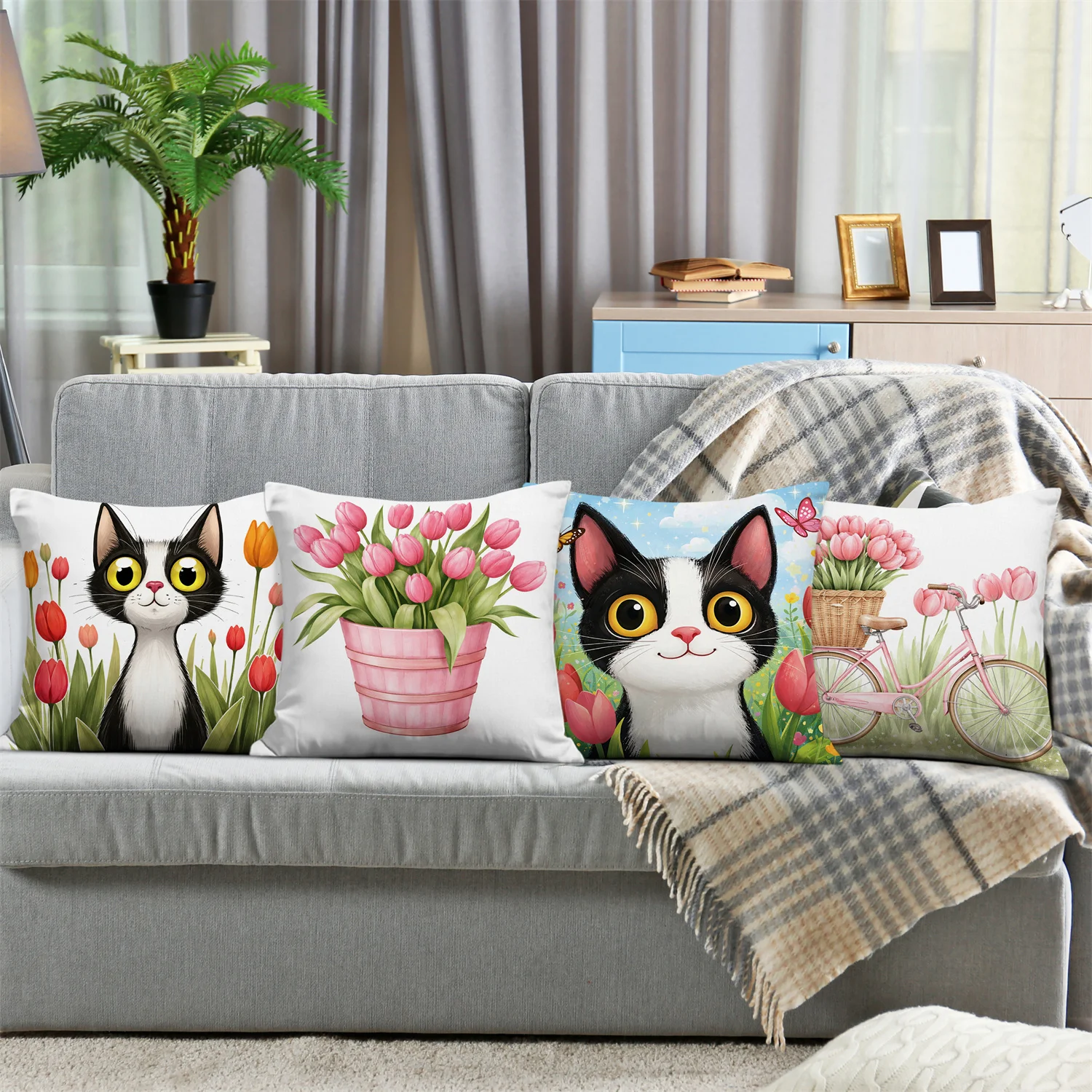 4pcs Tulip Cat Bicycles digital printing pillow cover Short plush Suitable living rooms bedrooms sofas throw cushion cover