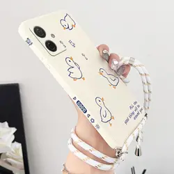 G54 Happy Duck Crossbody Lanyard Silicone Phone Case For Motorola Moto G54 G53 G82 G22 G84 G52 G50 G20 G42 G14 G34 G30 G72 Cover