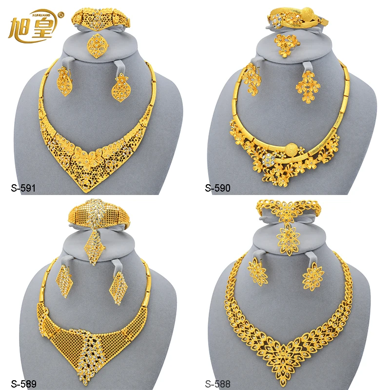 

XUHUANG Indian Gold Color Jewelry Set Bridal Wedding Ethiopia Dubai Nigerian Necklace Earrings Bracelet Ring Jewellery Set Gifts