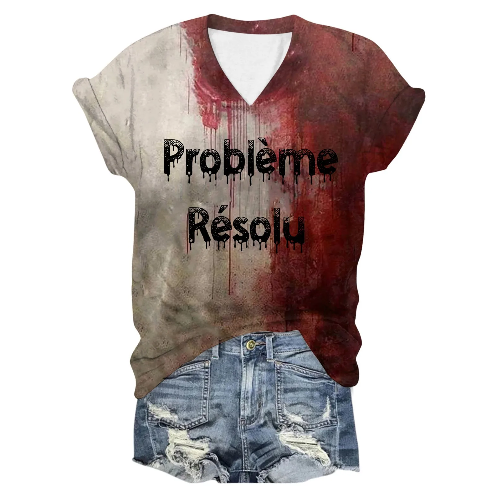 Holiday Party Distressed Bloody T-Shirt Problem Gelost Blutige Schrift T-Shirt Halloween V-Neck Print Short Sleeve T-Shirt