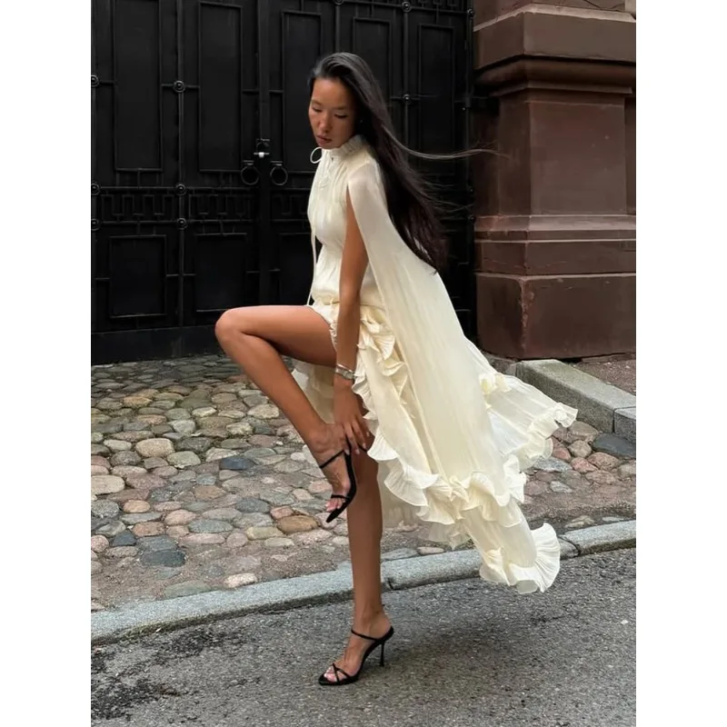 

2026 Summer Lady Vacation Robes Women Solid Ruffle Maxi Dress Fashion Lapel V-neck Sleeveless Pleated High Waist Chic Dresses
