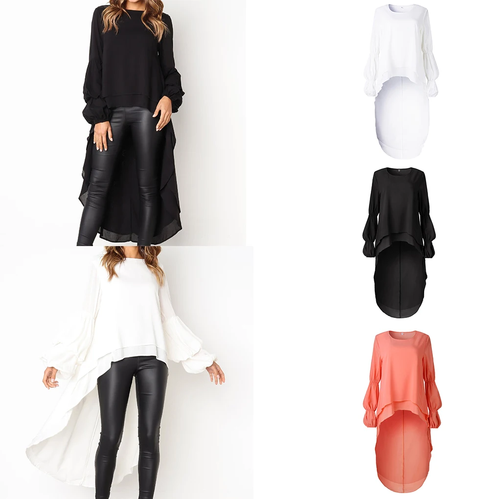 Femmes Peplum volants haut irrégulier chemisier fille trompette manches t-shirt pull robe longue