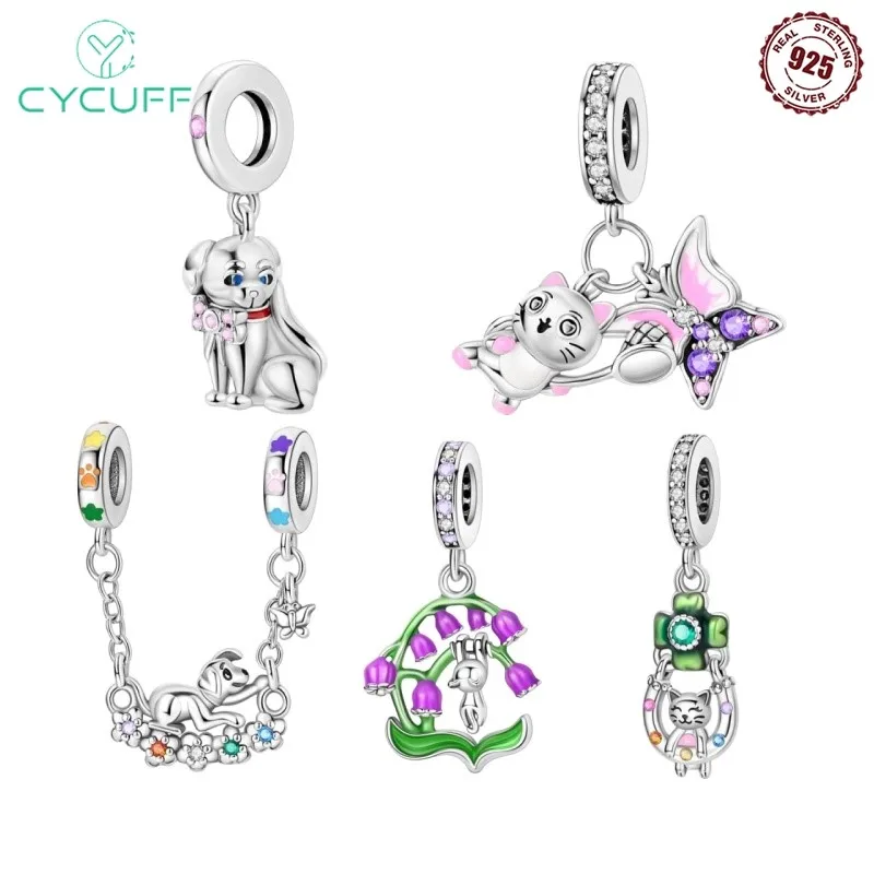 New Fashion 925 Sterling Silver Cat Dog Pet Pendant Beads Jewelry Sets Suit For Evening Party Gift Pendant Necklace Women