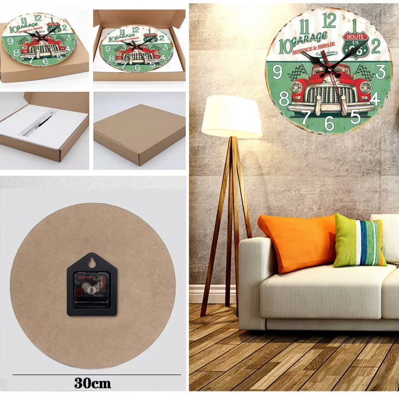 30CM Silent Wall Clock,Vintage Pattern Wooden Cardboard Wall Clock, European Retro Clock for Chic Home Office Cafe Decor