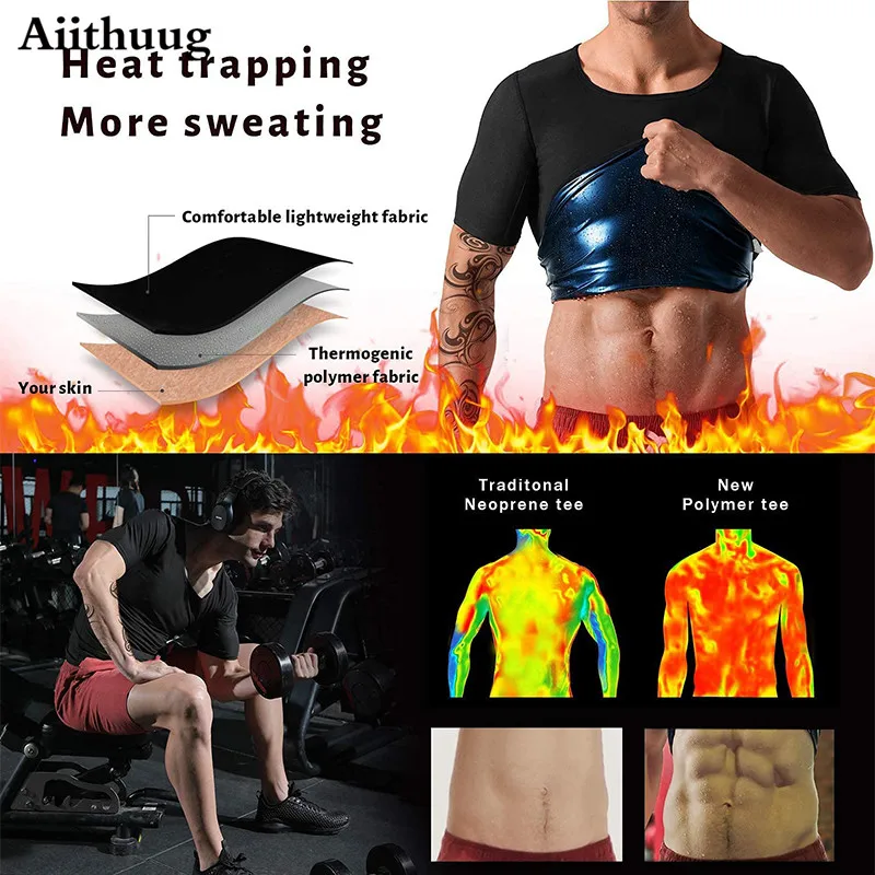 Aiithuug Men\'s Sauna Heat Trapping Shirt Sauna Sweat Top Short Sleeve Sauna Suit Workout Sauna Compression Waist Trainer Shirt