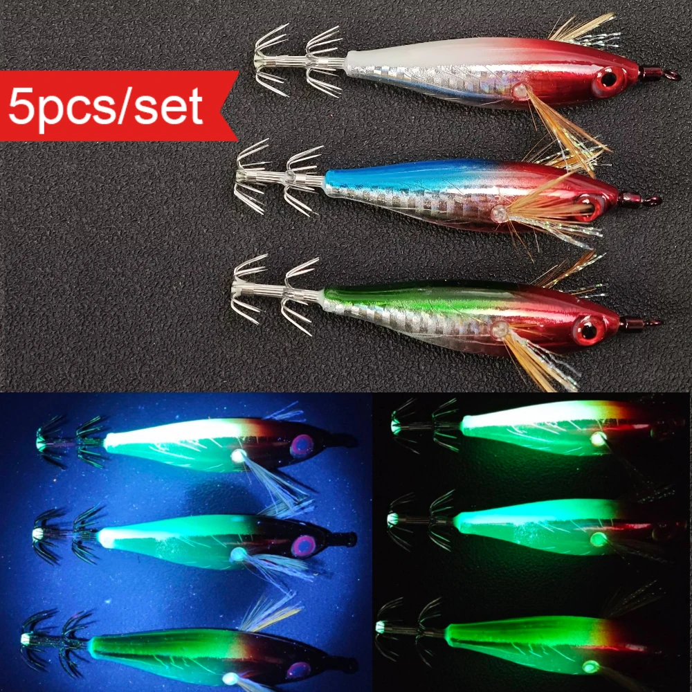 5er-Set UV Horizontal Squid Jig Egi 8cm Leuchtende Holz-Garnelen-Angelköder für Salzwasser Tintenfisch Oktopus Angelzubehör-Set