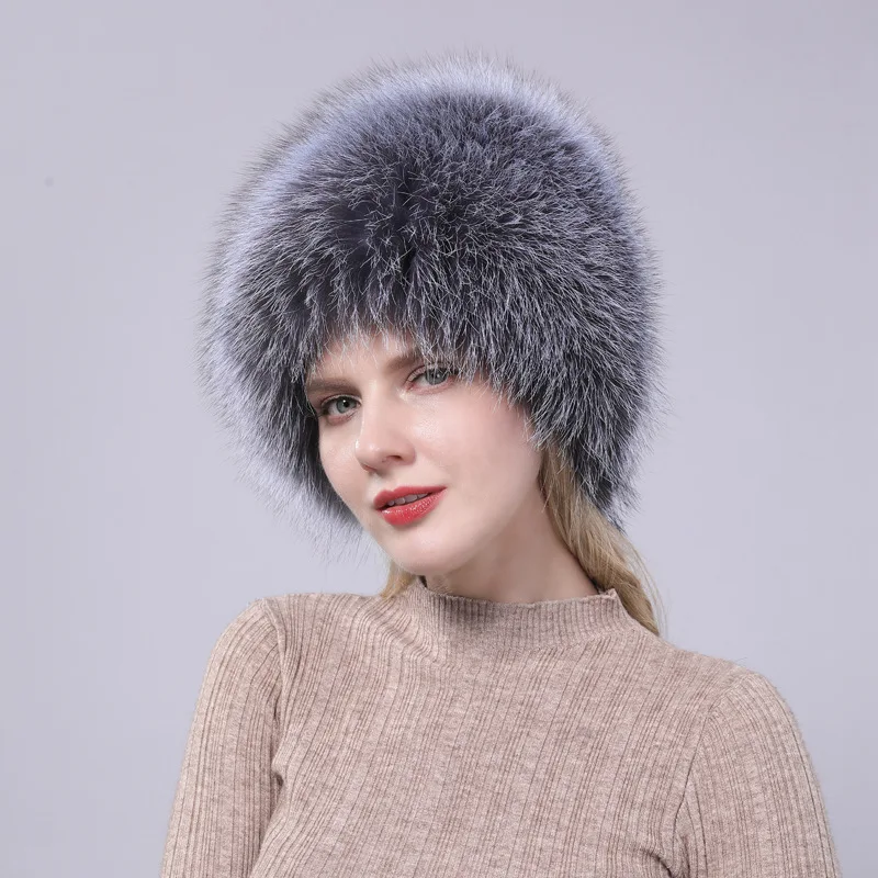 2024 Brand Women Natural Real Fox Fur Hat Winter Real Fox Fur Beanies Caps Handmade Warm Soft Knitted Real Fox Fur Skullies Cap