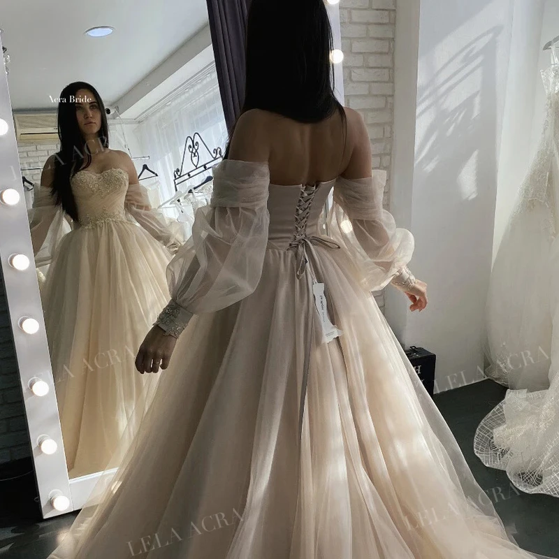 Abiti da sposa da spiaggia Romantico staccabile manica lunga Tull Lace-Up A-Line Abito da sposa Principessa Plus Size Sweep Train Realizzato su misura