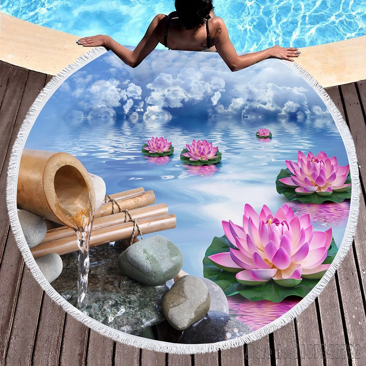 Lotus Pattern Round 150cm Beach Towel Microfiber Children Kids Swimming Hawaii Bath Towel With Tassel