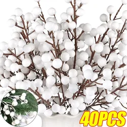 4/40x Simulated White Berry Branches Artificial Berries Stems  Fake Flowers Christmas Holly Branch DIY Wreath Xmas Party Decor