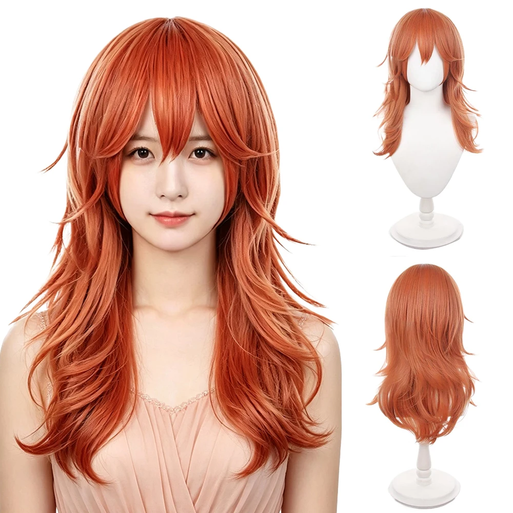 #350 Deep Ginger Orange Wig 60cm Medium Length Layered Wavy Mullet Wig with Bangs Heat Resistant Synthetic Full Wig Daily Wear