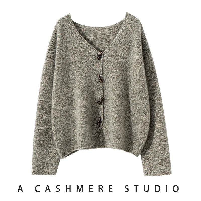 Hot Sale Autumn Winter Women 100% Cashmere Sweater Female Fashion Knitted Cardigans New V-Neck Loose Short Jacket Ladies Tops