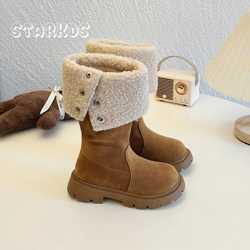 Luxury Lambswool Knee High Boot Girl Winter Warm Plush Long Bota Kids Shearling Turned-Over Design Side Zipper Flat Bootie Shoes