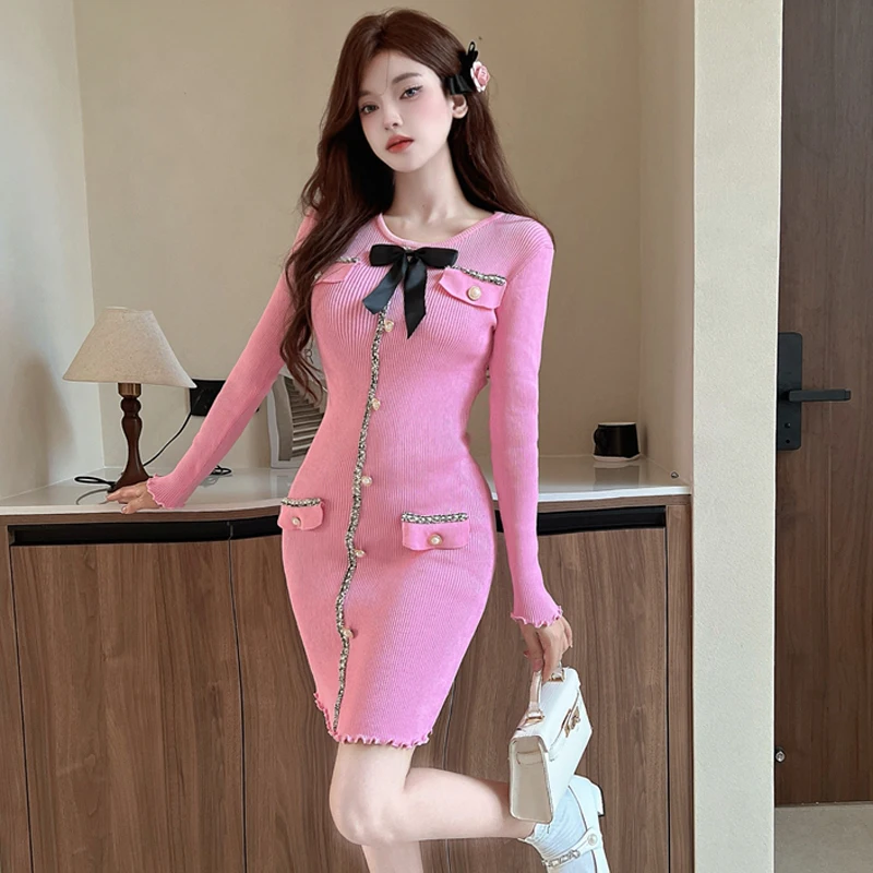 Lente Elegante Mode Effen Kleur Breien Jurk Vrouwelijke Temperament Vrouwen Zoete Boog O-hals Lange Mouw Bodycon Jurk Vestidos