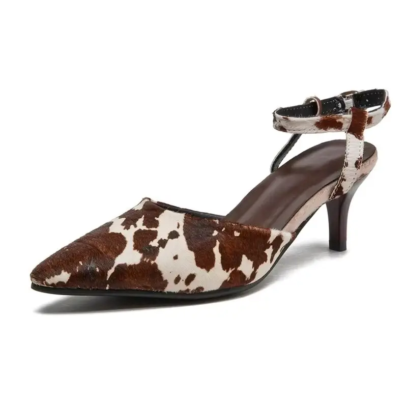 Women's Genuine Leather Leopard Print Mid Heel Sandals