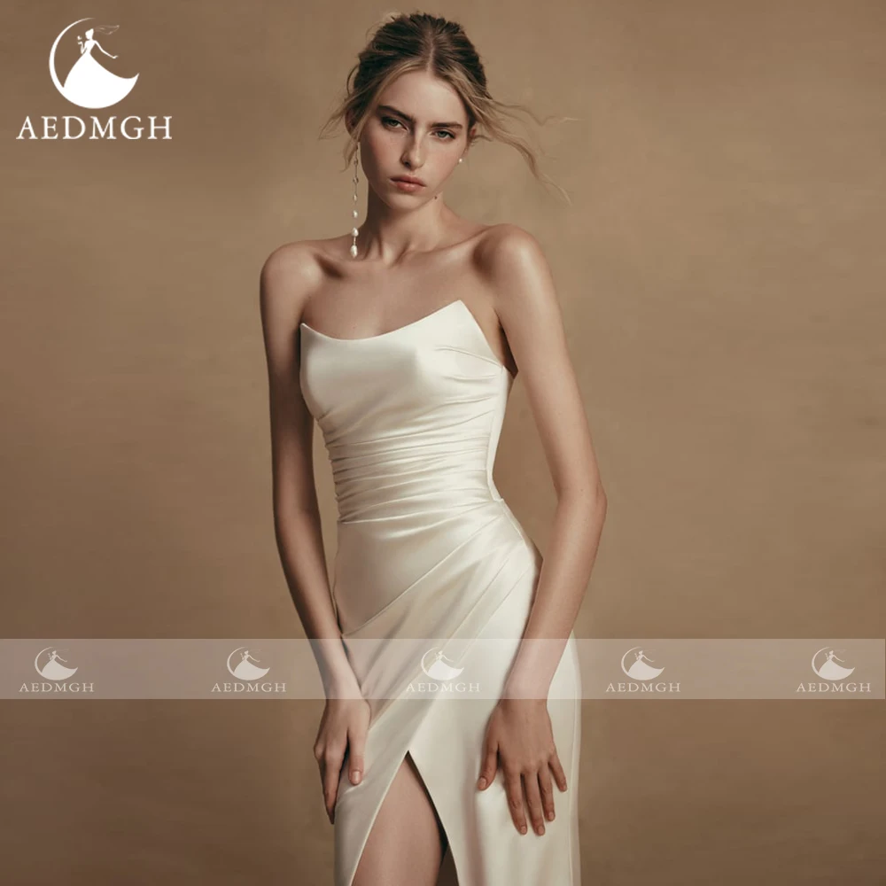 Aedmgh Mermaid Satin Wedding Dresses 2024 V-Neck Sleeveless With Ribbon Vestido De Novia Sweep Train Simple Split Robe De Mariee