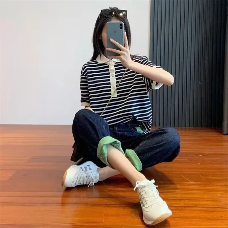 กางเกงยีนส์ทรงหลวมแบบจีบยาวถึงข้อเท้าของผู้หญิงเอวสูงสำหรับเด็กผู้หญิงฤดูร้อน MODE Korea ลำลองทันสมัยเข้ากับทุกชุด