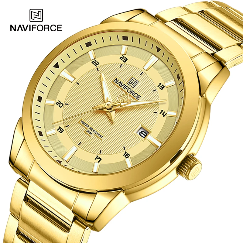 NAVIFORCE 남성용 럭셔리 골드 스테인레스 스틸 시계, 와일드 쿼츠, 날짜 표시 창, 캐주얼 남성 손목시계, NF8029 패션